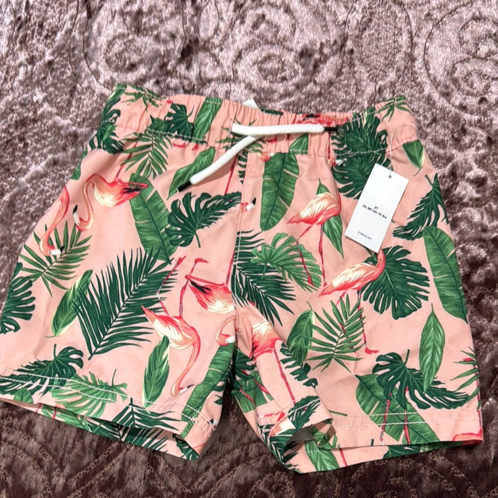 Old Navy Pink and Green Swim Trunks with Tropical Print